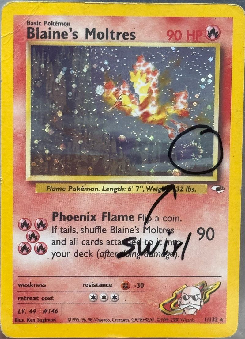 Blaine's Moltres 001  - Unlimited Holofoil Gym Heroes - Holo Rare （Swirl under feet)