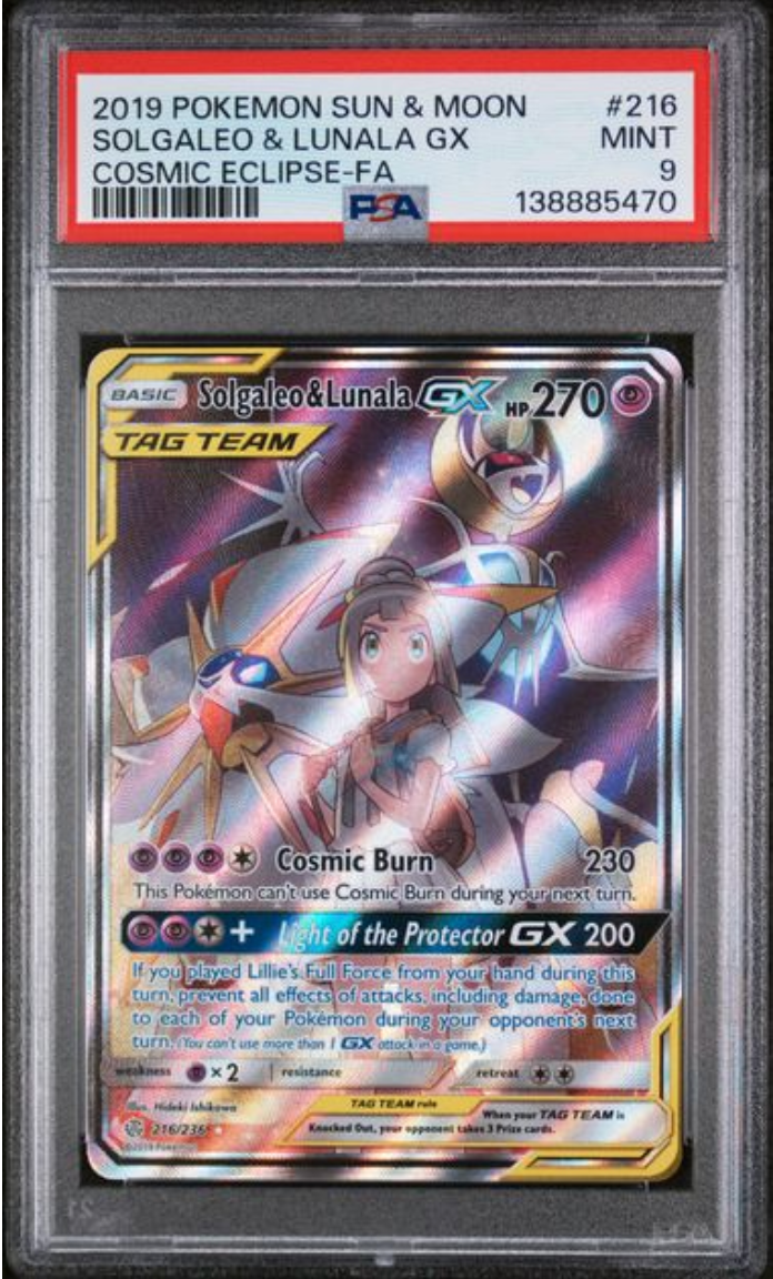 PSA9 Solgaleo & Lunala GX (Full Art) 216/236  - Holofoil SM  Cosmic Eclipse - Ultra Rare