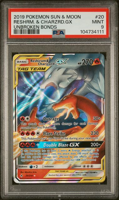 2019 English Pokemon Reshiram & Charizard GX 20/214 PSA 9