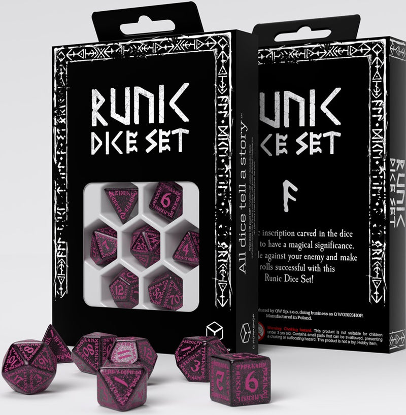 Runic Shimmering Dice Set - Black with Magenta - 7 Piece