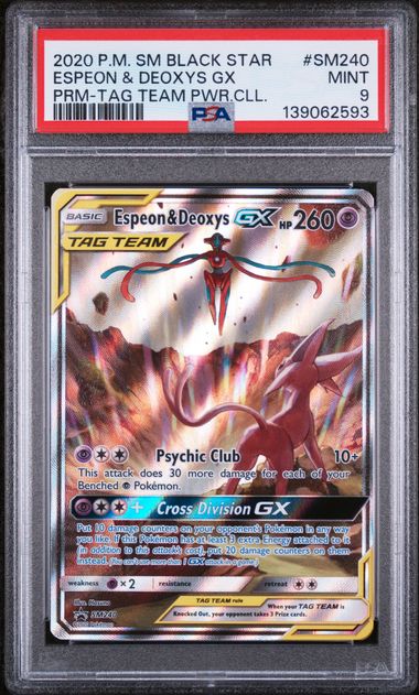 2020 English Pokemon Espeon & Deoxys GX SM240 PSA 9