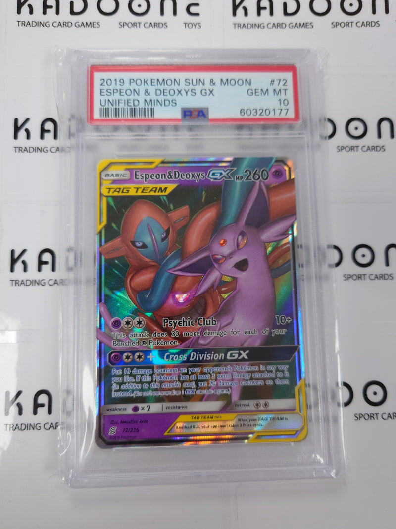 2019 Pokemon Sun & Moon Unified Minds Espeon & Deoxys GX (72/236) PSA 10
