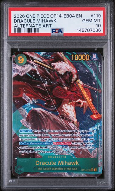 2026 English One Piece Dracule Mihawk (Alternate Art) OP14-119 PSA 10